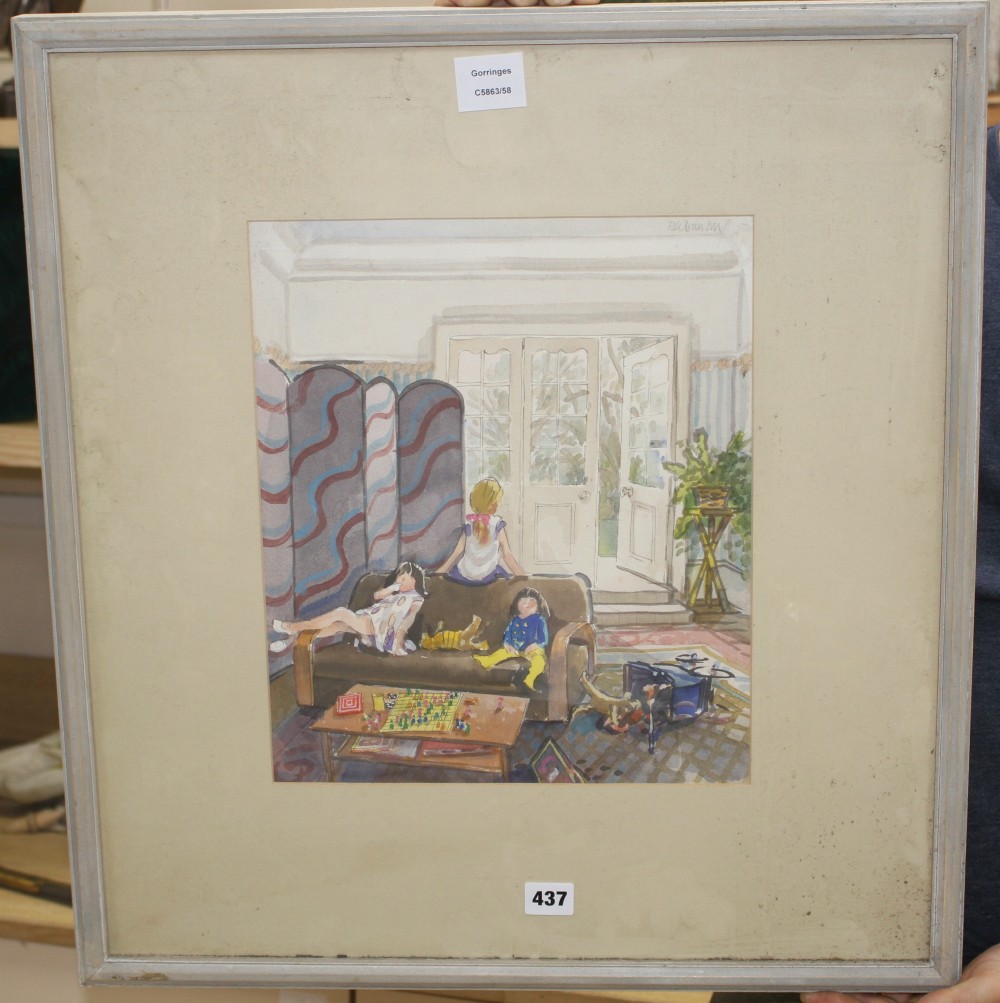Ellie Dawson, watercolour, Interior with seated children, signed, 36 x 30cm